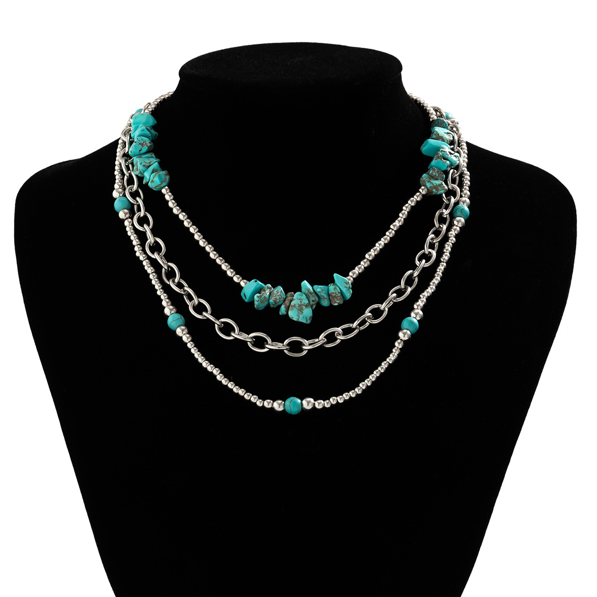women fashion Jewelry ethnic style cross chain contrasting color collar pattern turquoise set necklace