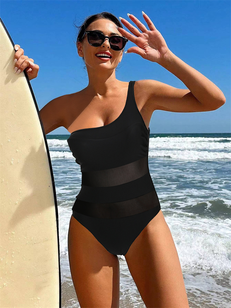 Women's Sexy One Piece Bathing Suits One Shoulder Swimsuits Slimming Mesh Swimwear Summer Classic Slimming Backless One Piece Swimsuit