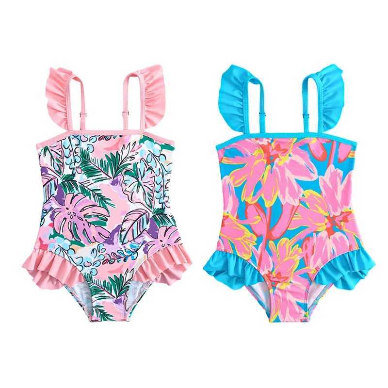 3-7 Years Kids Girls Sleeveless Swimsuit Summer Beach Bathing Suit Cute Flower Print Strap Children Swimwear Z250214