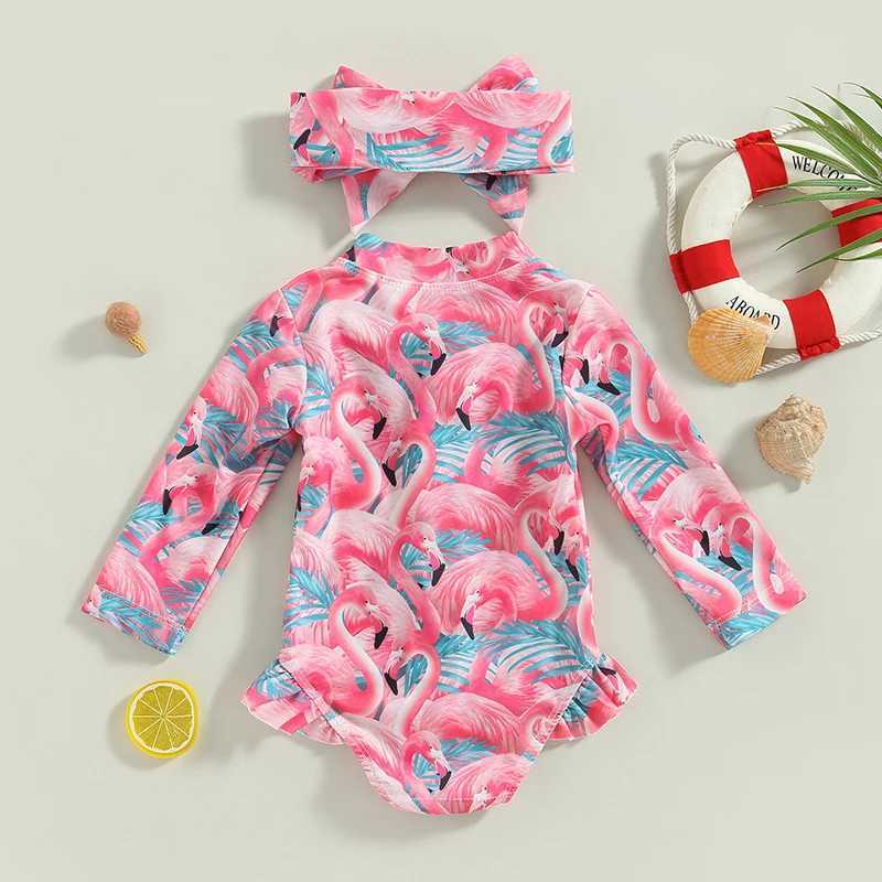 Yiiciovy Baby Kids Girls Rash Guard Swimsuit Flamingo/Flower Print Zipper Long Sleeve Sun Protection Bathing Suit + Headwear Z250214