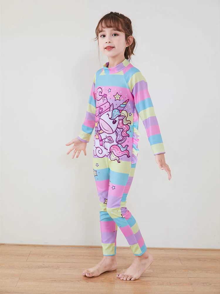 One-Piece Children Swimsuits Kid Swimwear Girls Long Sleeve Sun Protection with swimming caps 2Pcs Set 3 4 5 6 7 8 9 10 11 Years Z250214