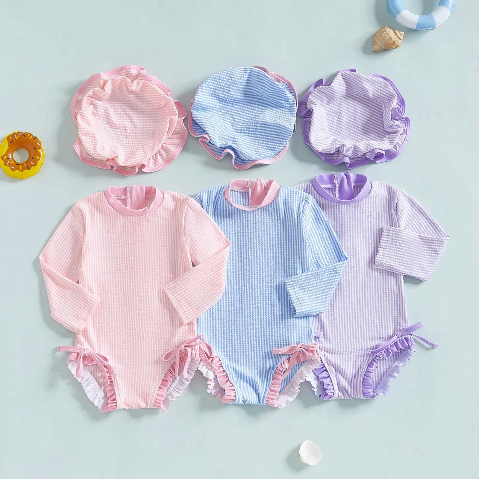 Yiiciovy Toddler Girls Ruffle Swimwear Beach Wear Princess Rash Guard Swimsuit with Hat Striped Long Sleeve Baby Bathing Suit Z250214