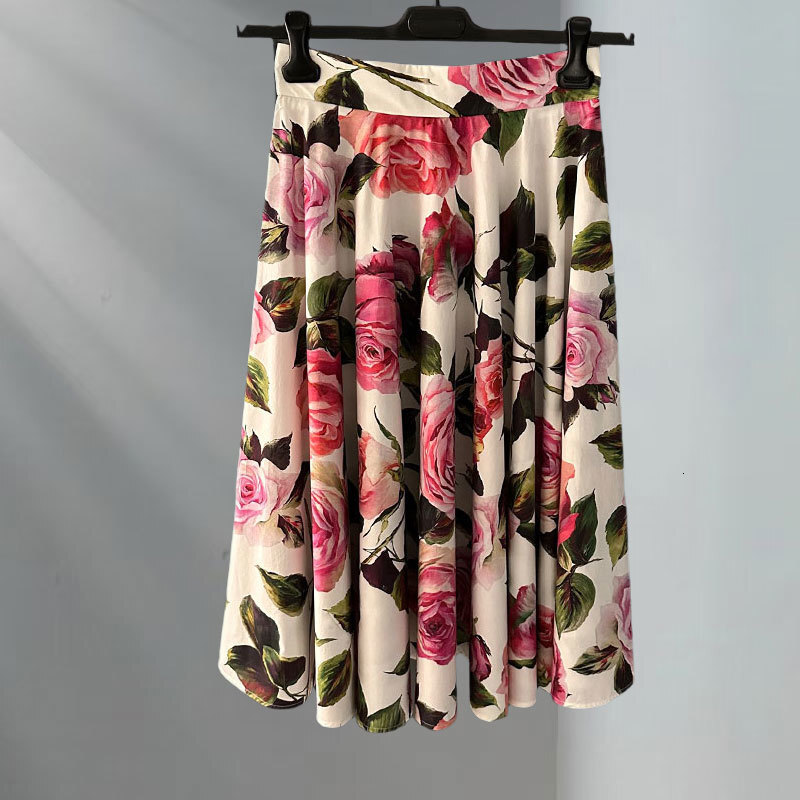 Women's Floral Print Cotton Pleated Midi Skirt Luxury Fashion High-Waist Calf-Length High-Quality Clothing Trendy Elegant Spring Summer Vacation 