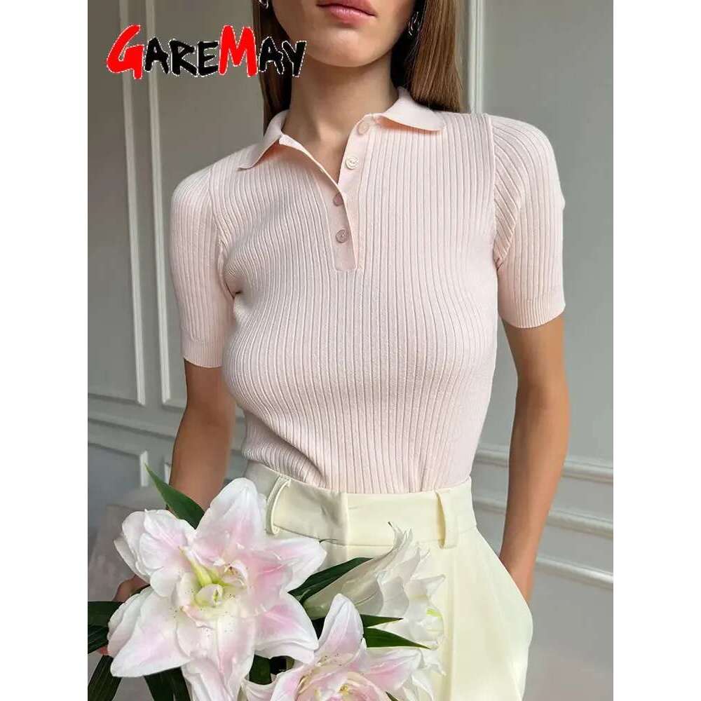 Women's Knitted T-Shirt Green Elegant Short Sleeve Summer Top Ribbed Sweater Slim Basic Polo With Collar For Women