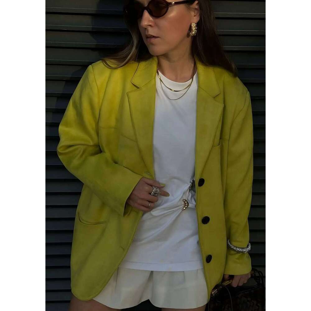 Women's Faux Suede Jacket Fall Winter Curved Pocket Brown Green Coat Loose Straight Blazer For Women