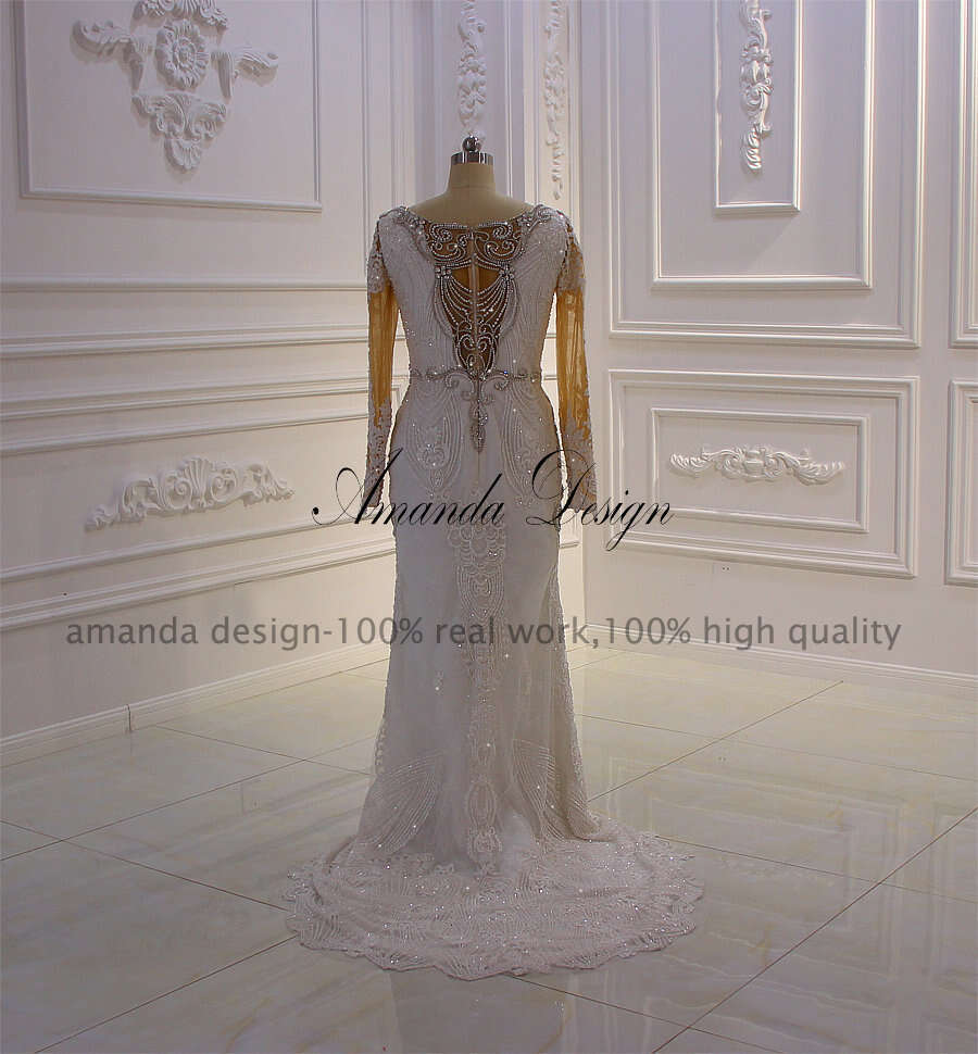 Custom amanda design mermaid robe long sleeves strass skirt detachable wedding dress