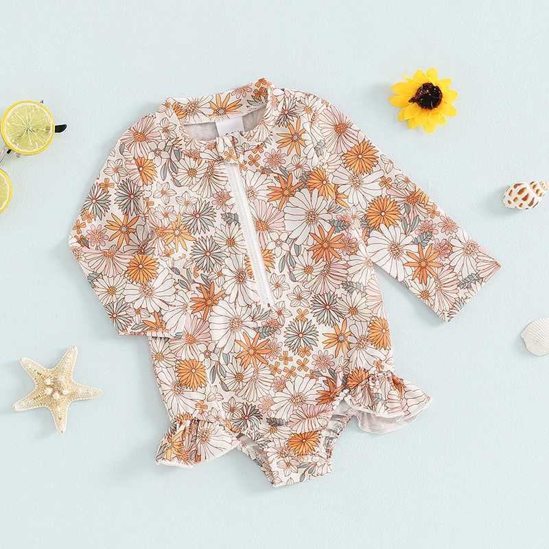 6M-4T Little Girls Swimsuit Chrysanthemum Print Long Sleeve Zipper Rash Guard Bathing Suit Infant Toddler Beachwear Z250214