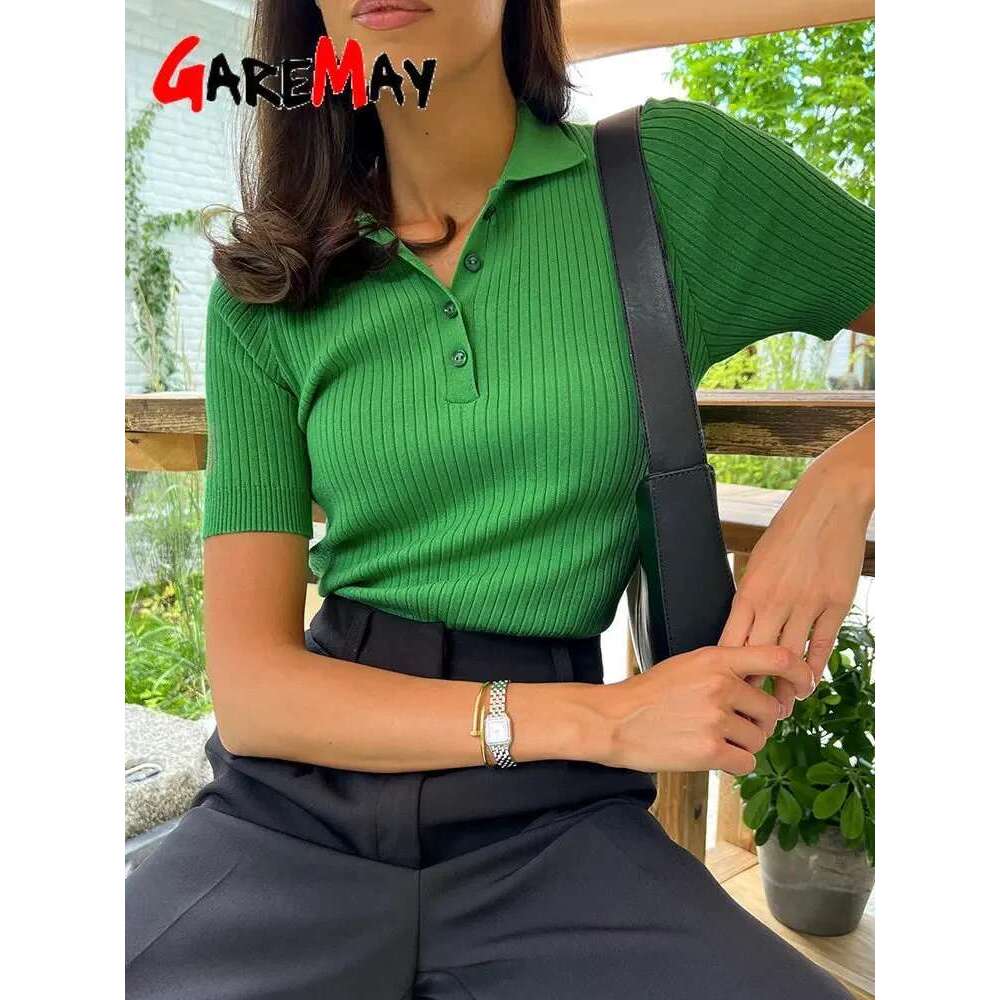 Women's Knitted T-Shirt Green Elegant Short Sleeve Summer Top Ribbed Sweater Slim Basic Polo With Collar For Women