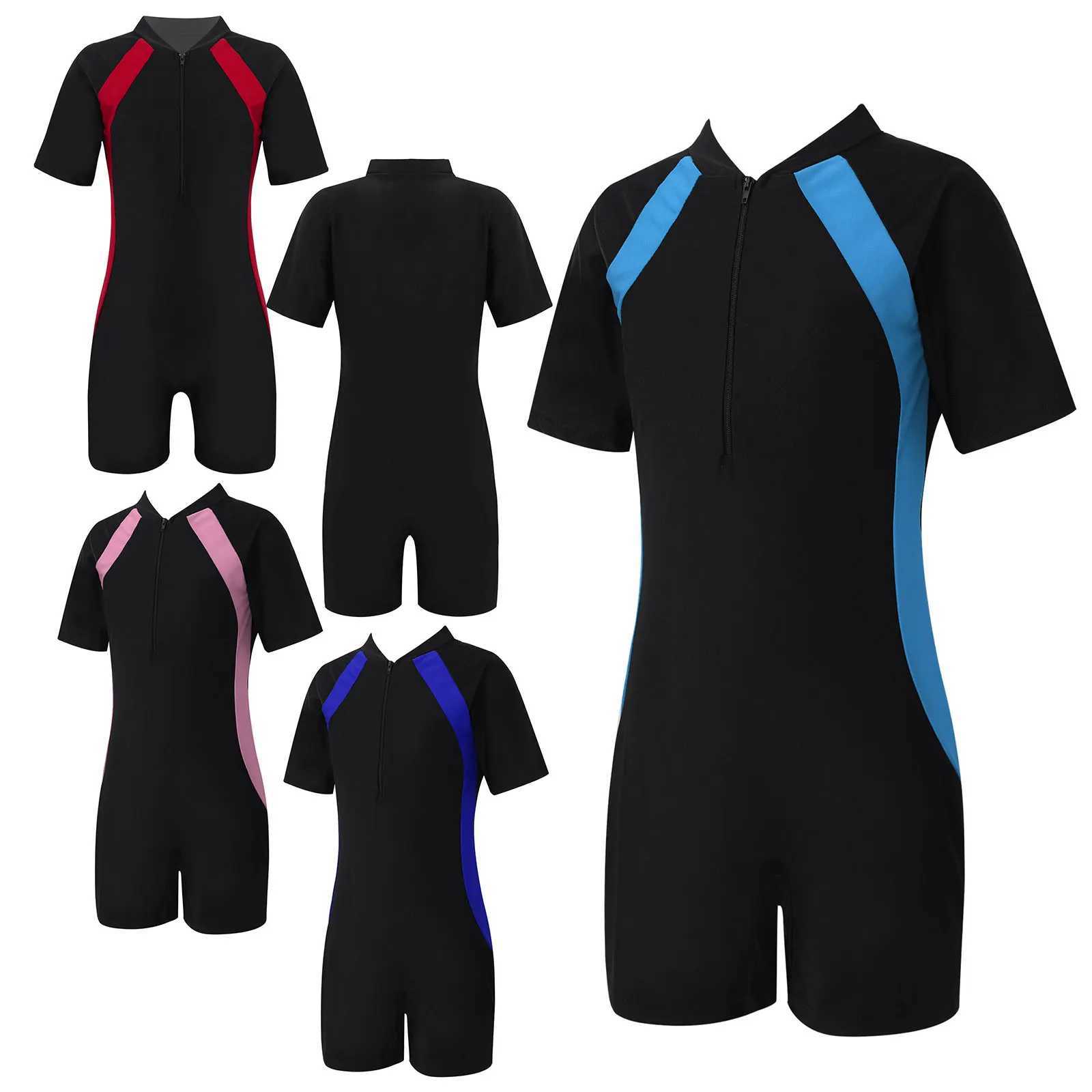 Children One-piece Swimwear Stand Collar Short Sleeves Color Swimming Bathing Suiti Short Rash Guard Jumpsuit Cool Kids Swimsuit Z250214