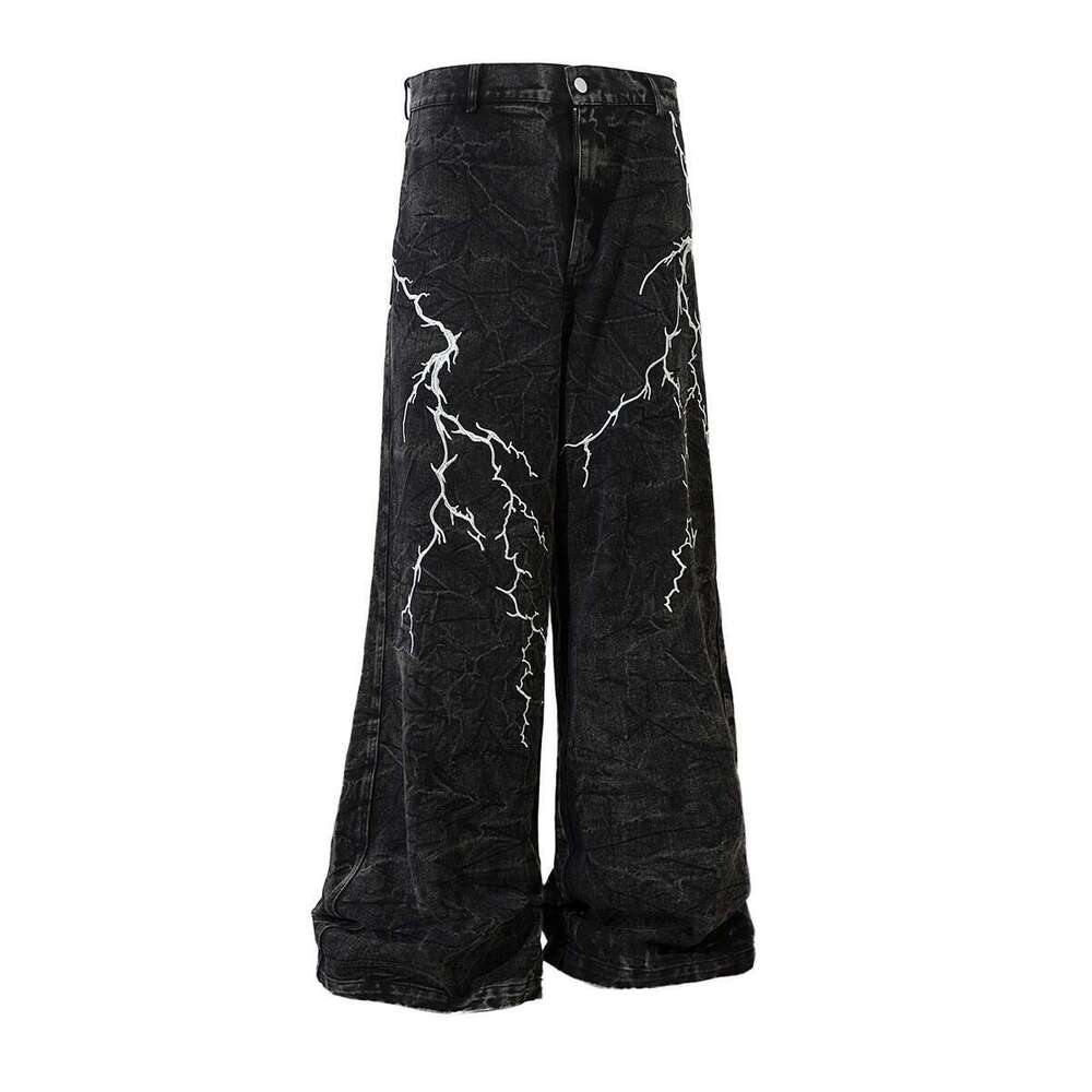 High Street Lighing Embroidery Wide Leg Baggy Black Jeans For Men Straight Ropa Hombre Loose Casual Denim Trousers Oversized
