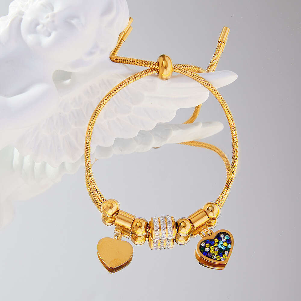 Ins style geometric dia inlaid heart-shaped bracelet, versatile and adjustable design, stainless steel gold-plated jewelry