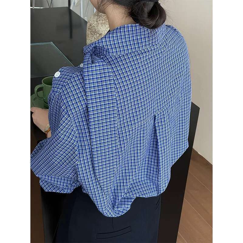 100% Cotton Blue Checkered Lace Up Long Sleeved Shirt For Women Autumn Loose Top