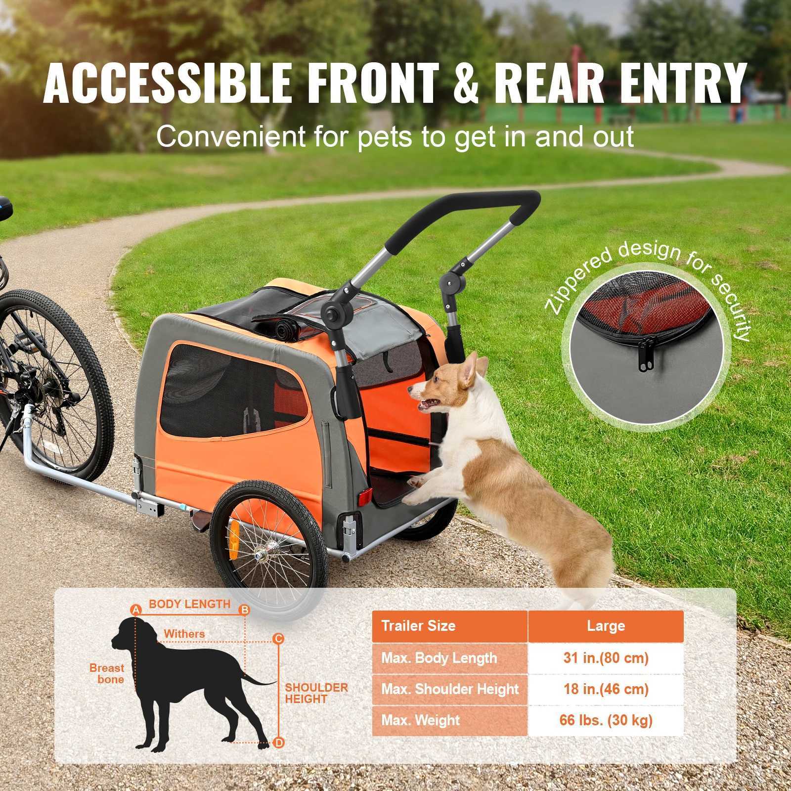 Others Dog Carrier VEVOR 66lbs Dog Bike Trailer 2-in-1 Pet Stroller Folding Cart Frame Bicycle Carrier with Wheels Universal Coupler for Dogs Cats H25
