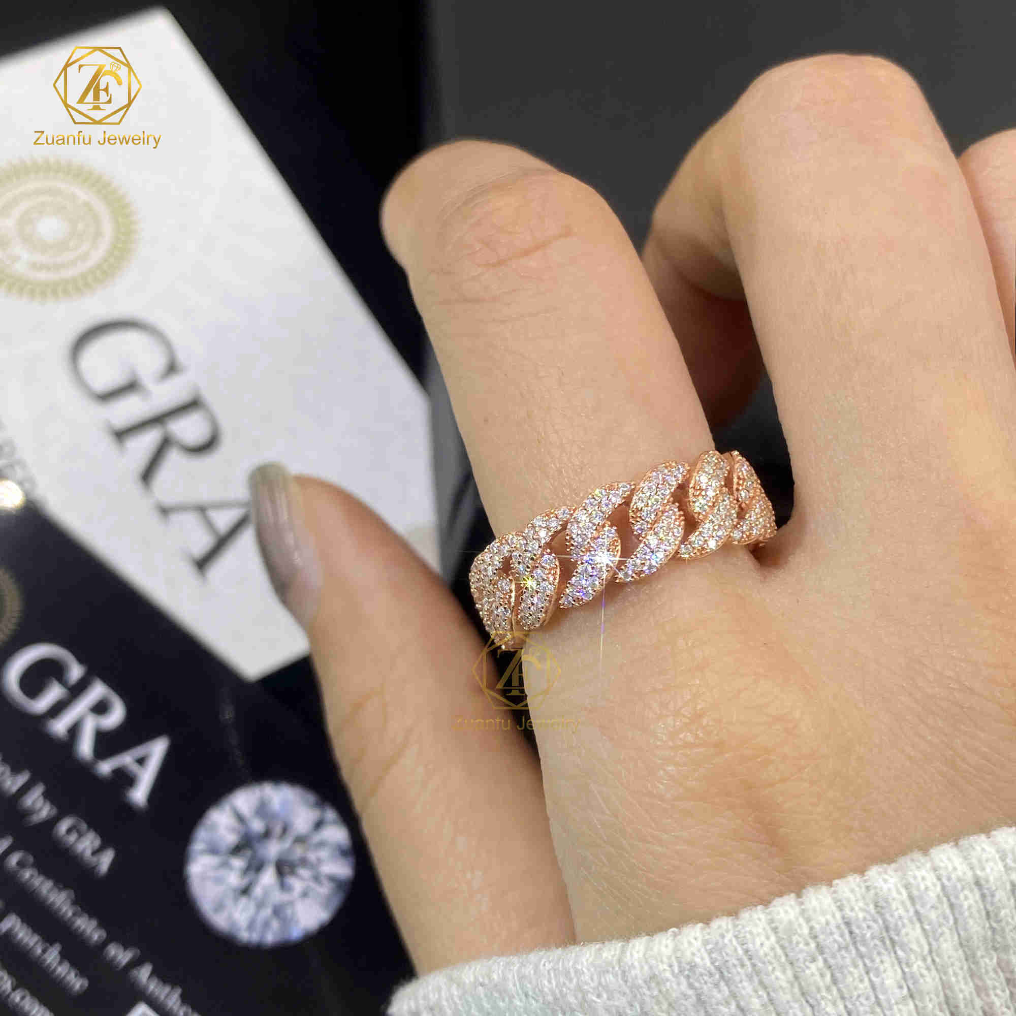Moissanite Diamond 7MM 18MM Cuban Link Hip Hop Ring Gold Plated 925 Sterling Silver VVS Finger Band Ring Fine Jewelry for Men