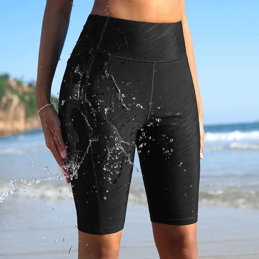 Anfilia Women Swimming Shorts Solid High Waist Waterproof Side Pockets with Soft Front Lining Skinny High Stretchy Swim Trunks W250214