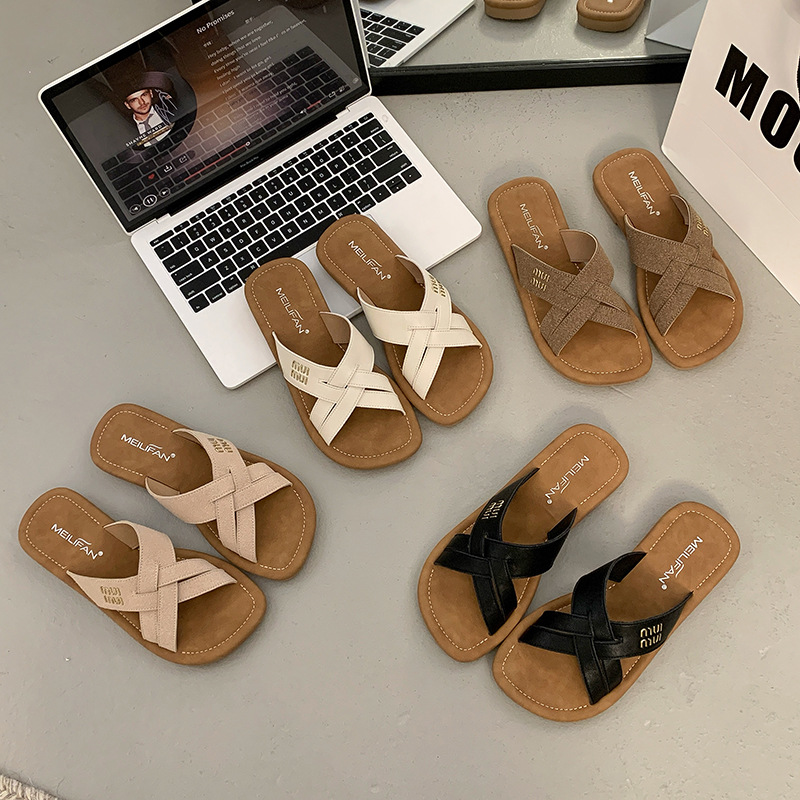 2025 free shipping designer slippers for womens flat slippers black beige khaki Cross strap square toe exposed flat bottom slippers