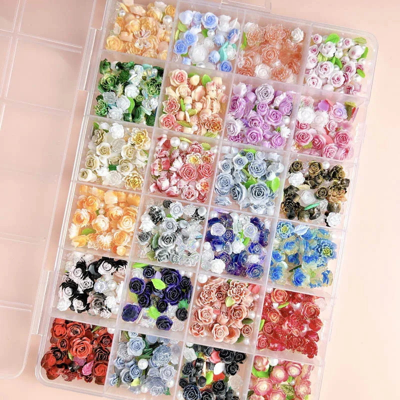 1Box Random Mixed Resin Flowers Nail Charms Love Leaf Pearl Nail Art Decorations Rhinestone DIY Crafts Manicure Accessories 250214