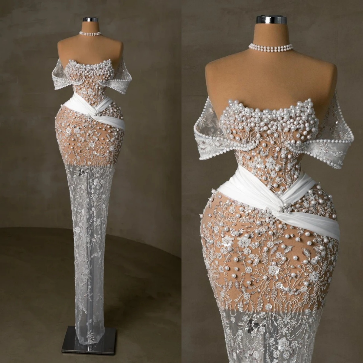 Designer Evening Dresses For Women Off Shoulder Sleeveless Gown See Through Sequins Lace Pearls Sweep Train Customized Dress