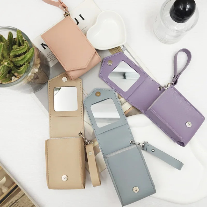 Portable Women Lipstick Case with Lanyard Elegant Solid Color Chic Makeup Bag with Mirrors Keychain Earphone Lip Storage Bag 250207