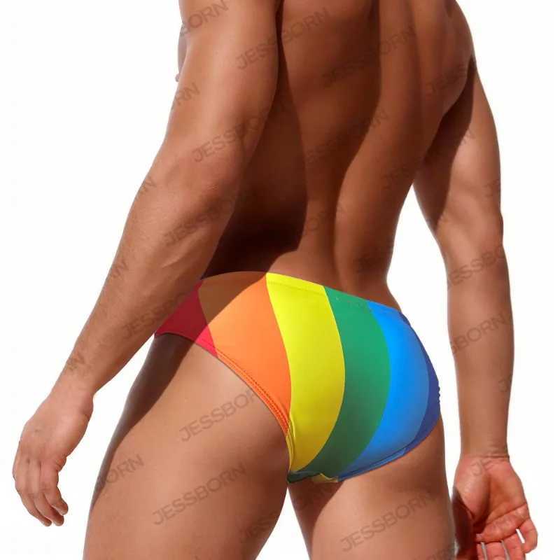 Mens Swimming Trunks Mens Swimsuit Rainbow Coarse Stripes Swim Briefs Quick Drying Beach Shorts Board Surf Bathing Suit Swimwear W250214