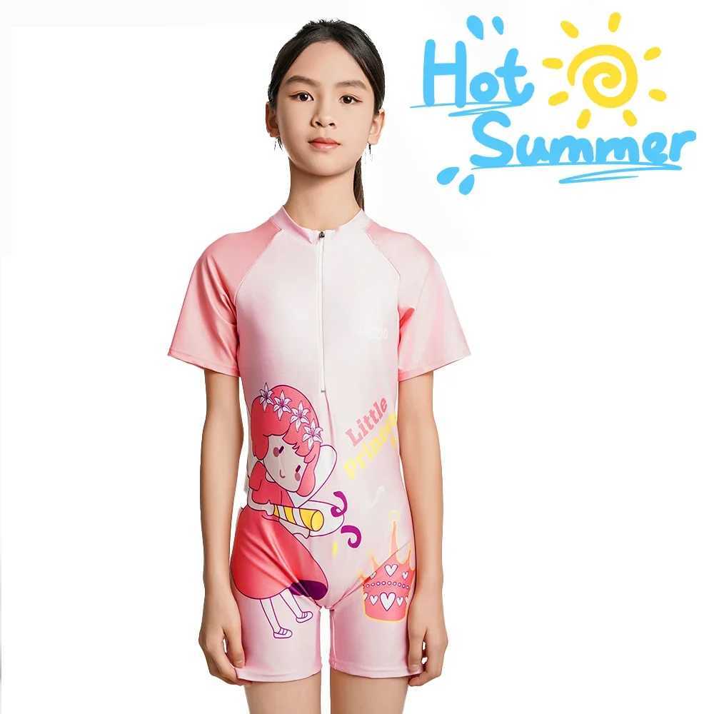 Girls Summer One-Piece Swimsuit with Fairy Print Large Size Quick-Dry Swimwear Short Sleeve Zipper Professional Swimwear for Kid Z250214