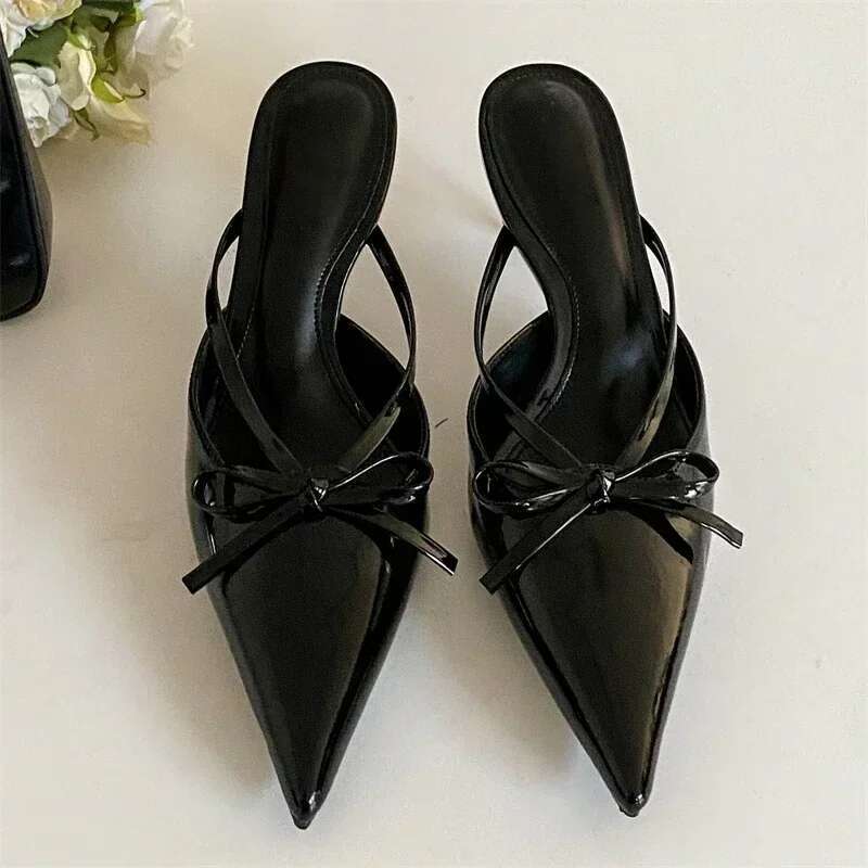 Elegant Thin High Heel Slide Sandals Fashion Butterfly-Knot Pointed Toe Women Slippers Sexy Party Dress Shoes Heels