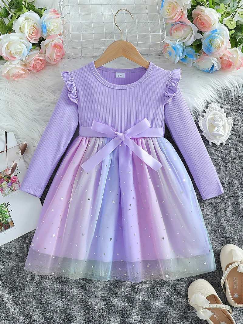 Girls Long Sleeved Bow Dress 2-6Y Fashion Thin Childrens Starry Sky Sequin Mesh Dress Spring Autumn Kids Clothing Z250214
