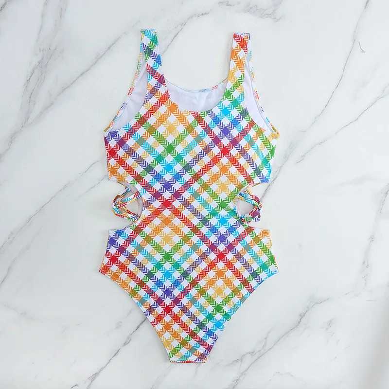 2025 Girls Swimsuit One Piece Rainbow Plaid Kids Swimwear Childrens Bathers Bathing Swimming Swim Suit Summer Beachwear Z250214