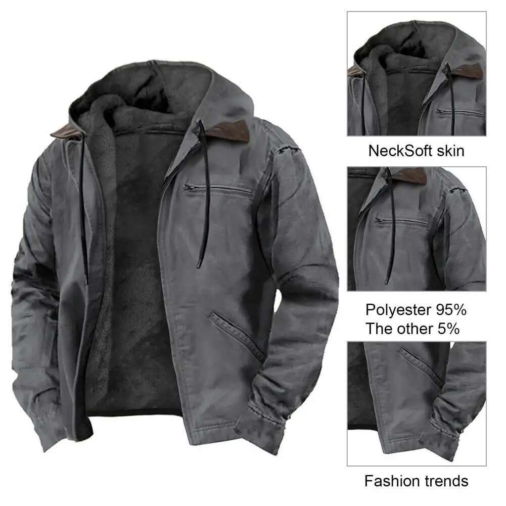 Comfortable Men's Hooded Sweatshirt Coat with Plush ing Multiple Pockets Zipper Placket Jacket for Winter Warmth