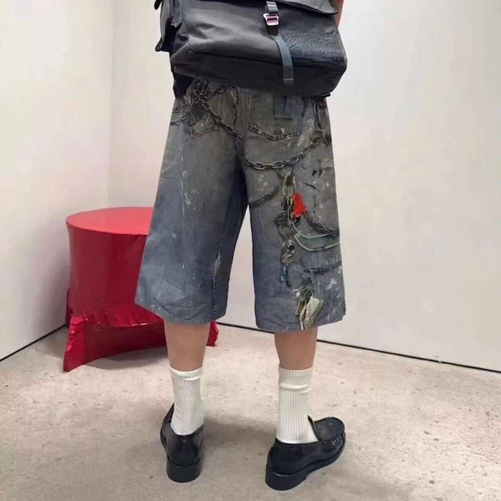 3D Print Baggy Jeans Shorts For Men Streetwear New Summer Wide Leg Patchwork Casual Loose Knee Length Pants Oversized