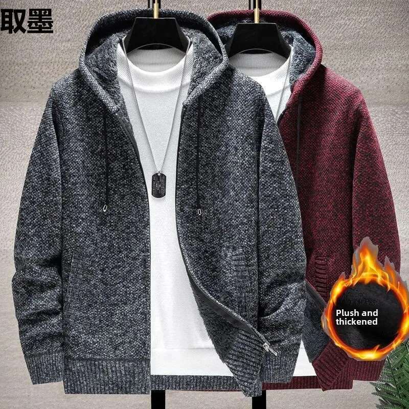 Men's Fleece-ed and Thickened Autumn Winter Cardigan Sweater Stand Collar Hooded Knitted Top Thick Style Yarn Jacket Spring A