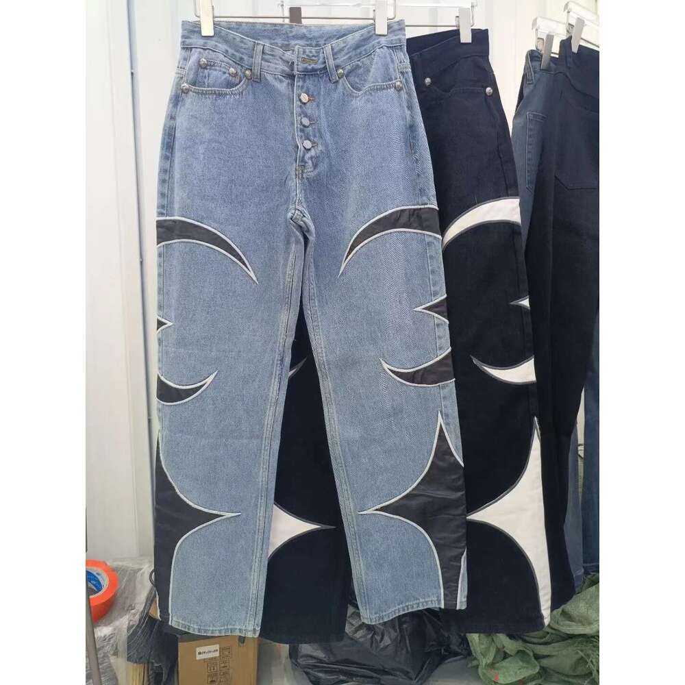 Haruku Pu Leaher Embroidery Patchwork Baggy Y2k Jeans Men's Streetwear Straight Oversized Denim Trousers Unisex Cargo Pants