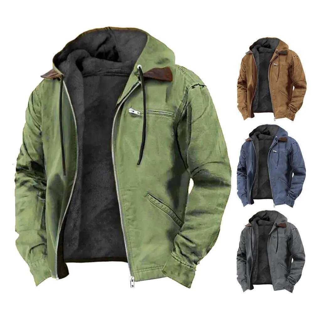Comfortable Men's Hooded Sweatshirt Coat with Plush ing Multiple Pockets Zipper Placket Jacket for Winter Warmth
