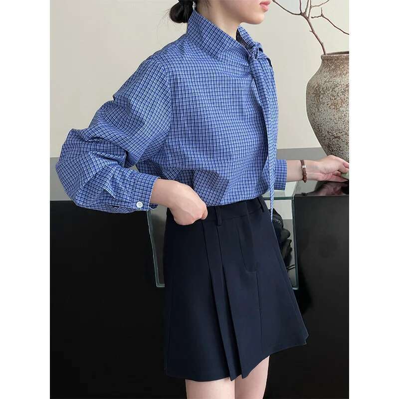 100% Cotton Blue Checkered Lace Up Long Sleeved Shirt For Women Autumn Loose Top