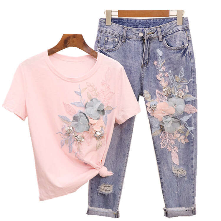 Cowboy suit women's summer 2024 new embroidered sequin three-dimensional flower short sleeved t-shirt+ripped cropped jeans