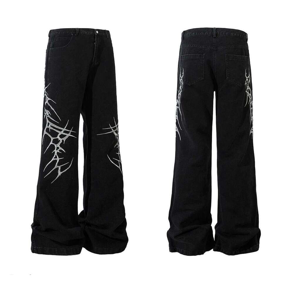 High Street Lighing Embroidery Wide Leg Baggy Black Jeans For Men Straight Ropa Hombre Loose Casual Denim Trousers Oversized