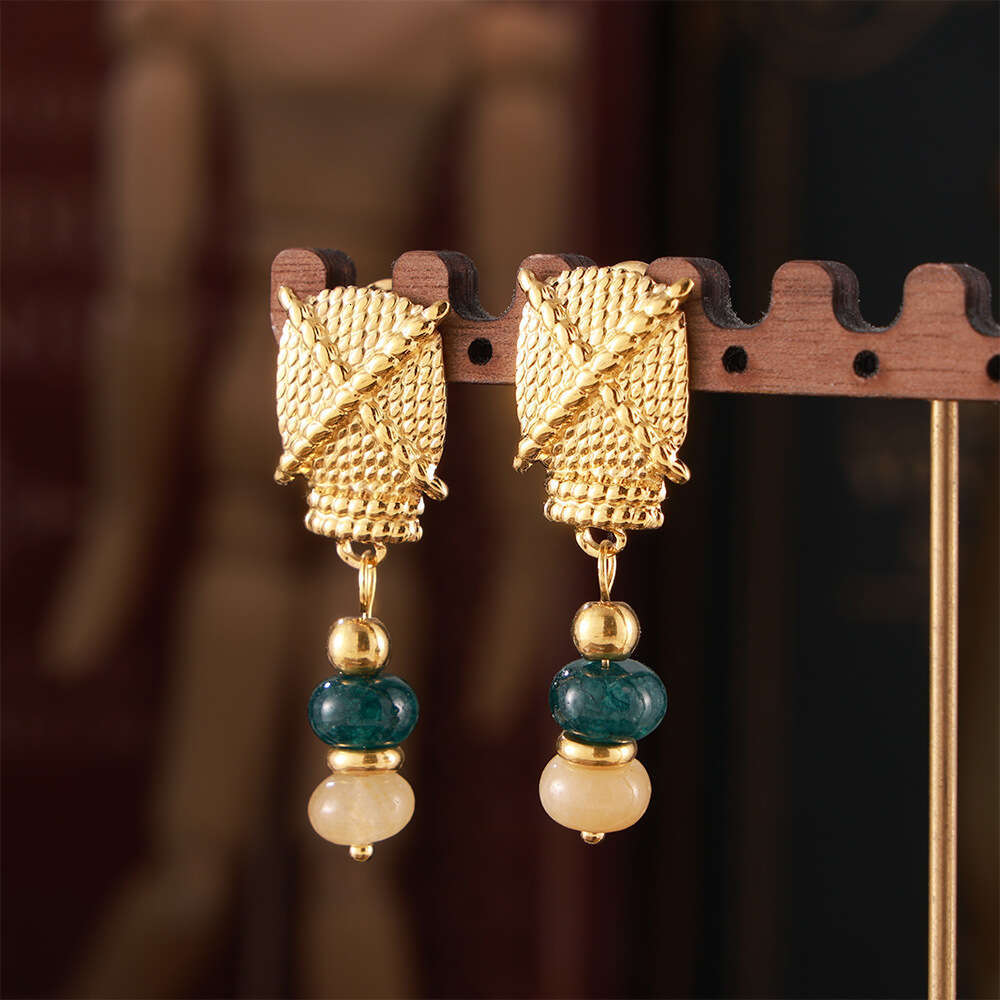 Bohemian polka dot texture titanium steel gold-plated ethnic style natural stone tassel earrings