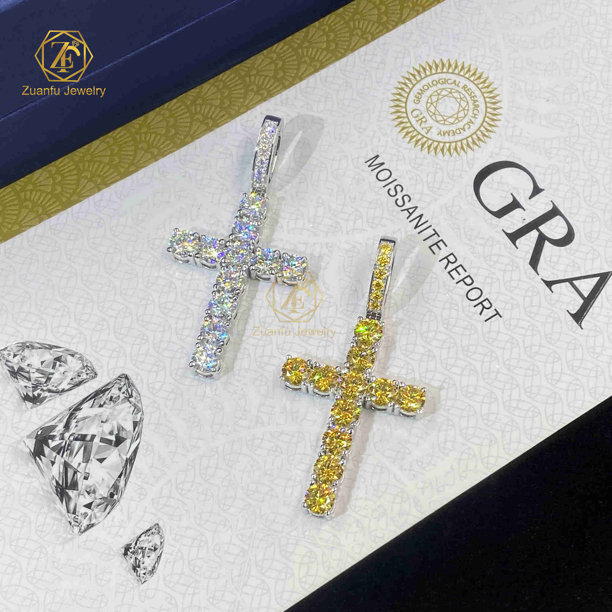 Hip Hop Jewelry Iced Out Cross Pendant Silver 925 Iced Out White and Yellow Moissanite Cross Vvs Moissanite Pendant with Chain