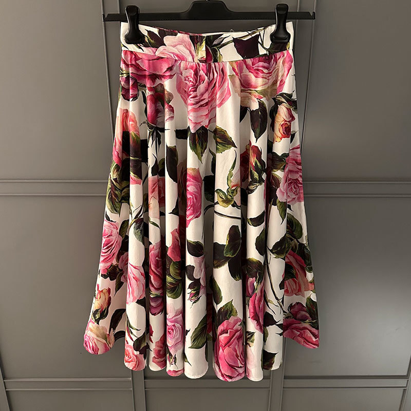 Women's Floral Print Cotton Pleated Midi Skirt Luxury Fashion High-Waist Calf-Length High-Quality Clothing Trendy Elegant Spring Summer Vacation 