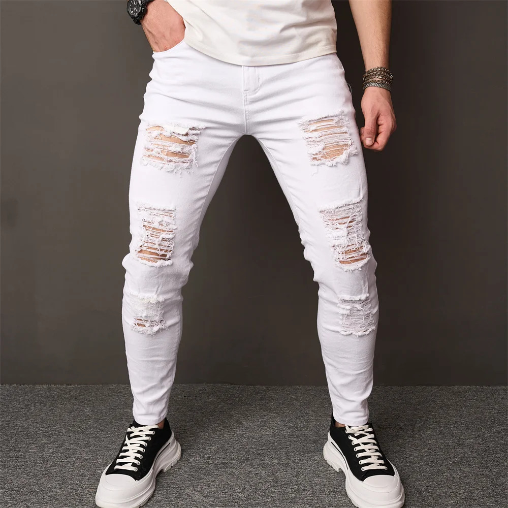 Streetwear Holes Skinny Jeans Stylish Men Stretch Slim Trousers Distressed Ripped Solid Male Casual Pencil Denim Pants 250210
