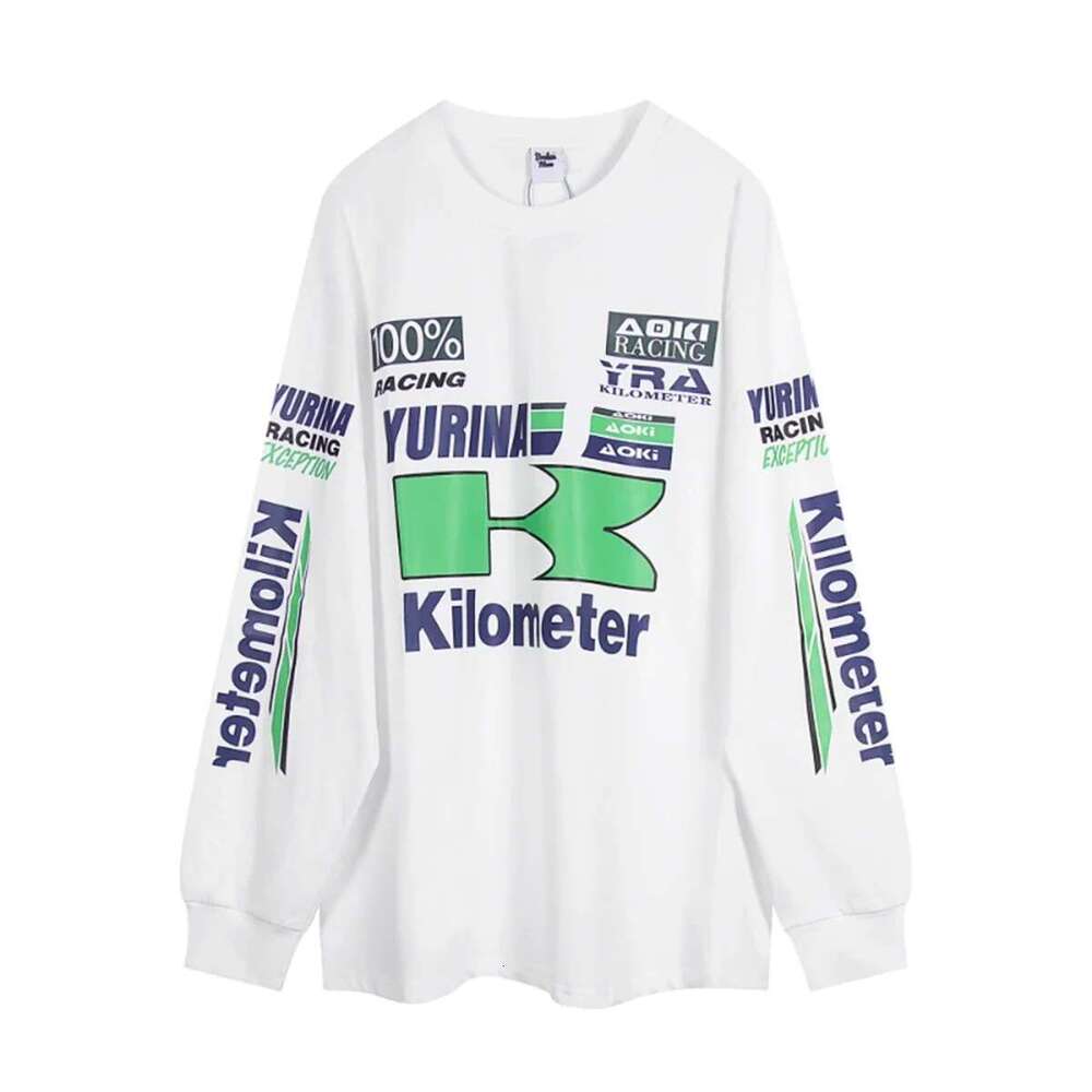 Dopamine Candy Colored Racing Printed Long Sleeve T-Shirt For Men And Women Round Neck Baggy Casual Autumn Top Tees Oversized