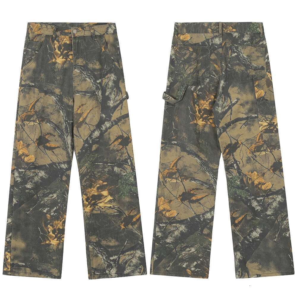 Haruku Branches Patchwork Baggy Cargo Pants For Men And Women Streetwear Straight Retro Casual Denim Trousers Oversized