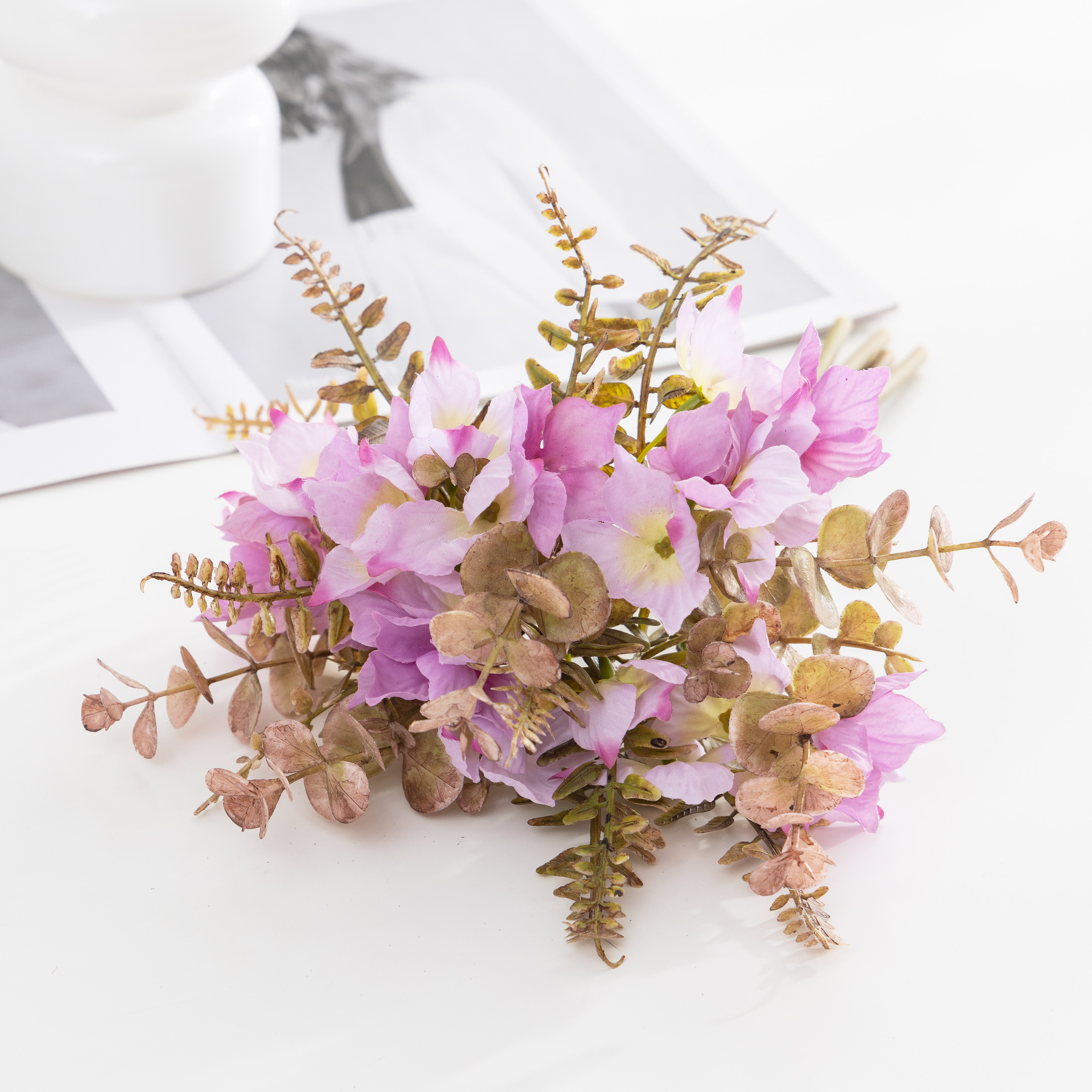 Handcrafted Elegant Fake Flower Bunch Featuring Elderly Appeal - Eucalyptus & Hydrangeas