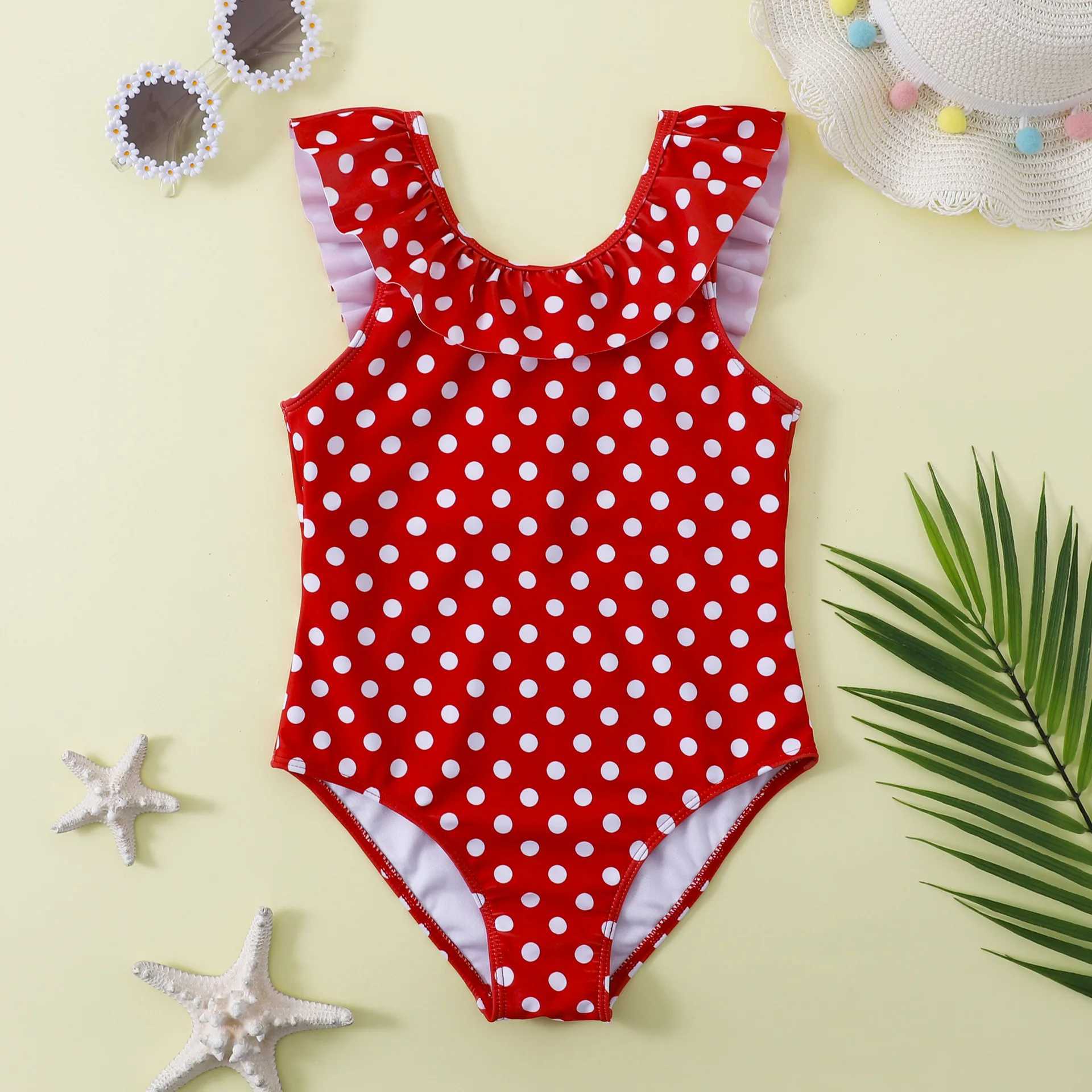 Retro Teenage Girls One Piece Swimsuit 7-12 Years Kids Polka Dot Print Swim Suit Ruffled Swimwear Beachwear Bathing Suits Summer Z250214