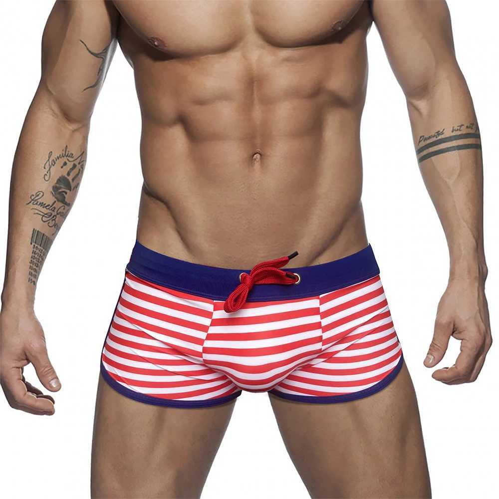 Summer Mens Striped Swimming Trunks Sexy Side Split Bathing Suit Sport Beach Surfing Swimwear Male Quick Dry Pouch Boxer Shorts W250214