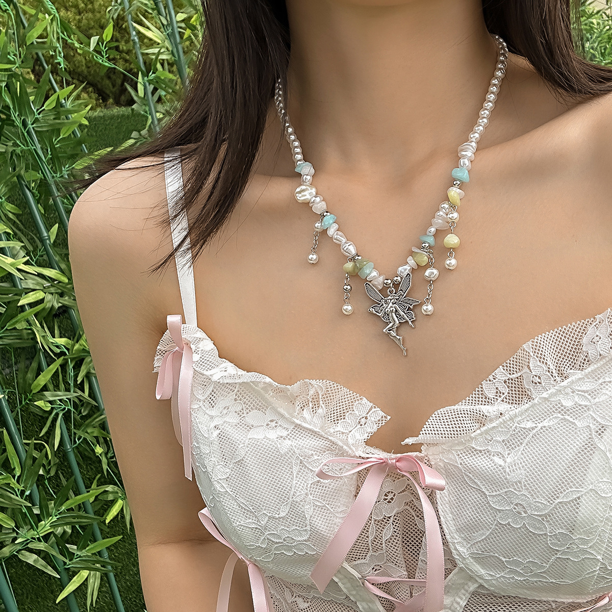 Woman fashion Jewelry Colorful Stone Beaded Sweet Women's clavicle Chain Pastoral Angel Pendant Necklace