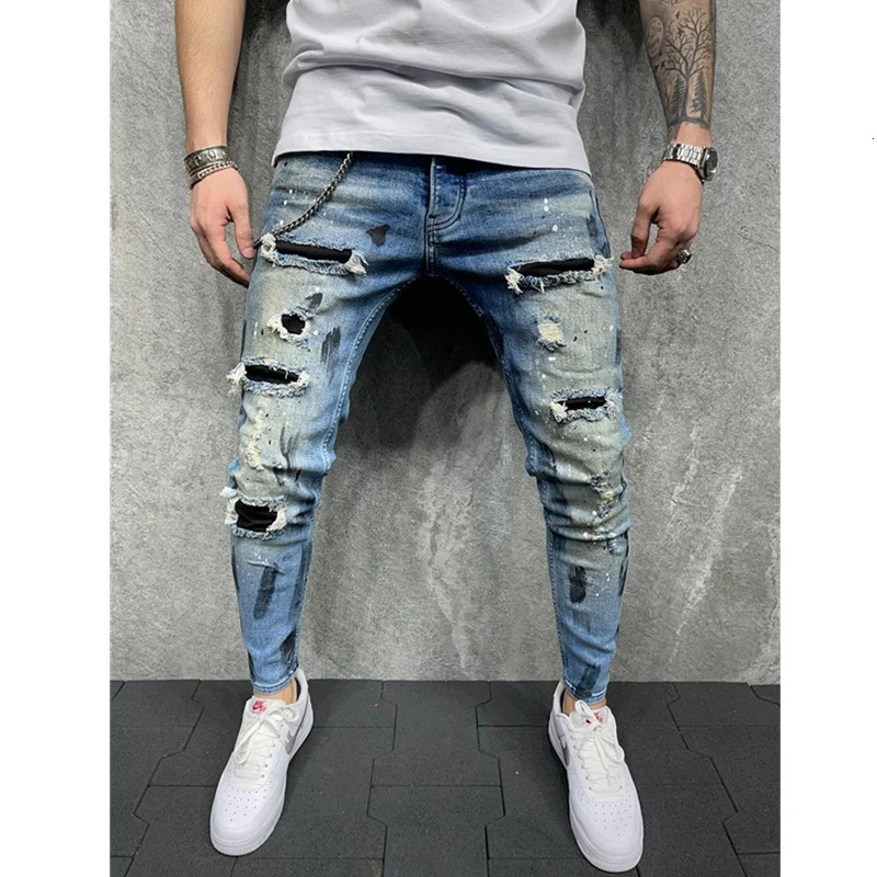 Men Jeans Knee Hole Ripped Stretch Skinny Denim Pants Solid Splice Color Blue Autumn Summer HipHop Style Slim Fit Trousers 250210