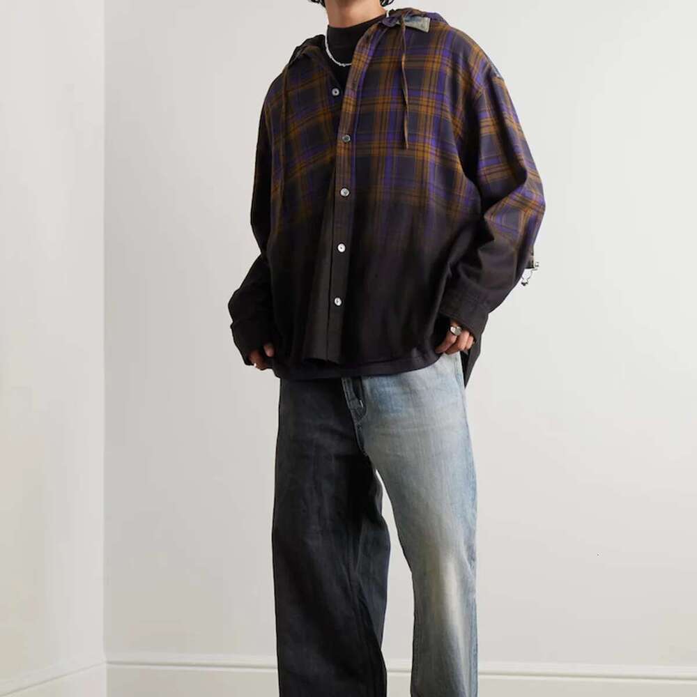 Haruku Contrast Gradient Color Plaid Hooded Shirt For Men Streetwear Single Breasted Long Sleeve Shirts Oversized