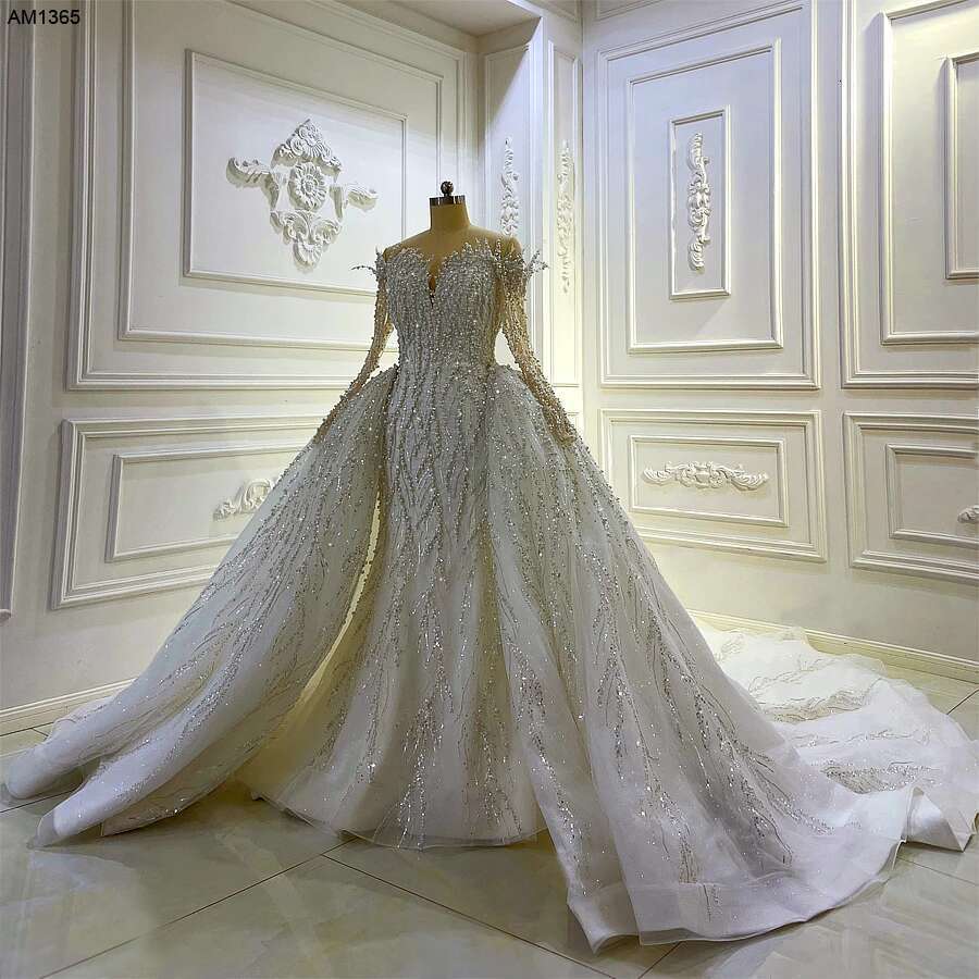 Full Lace Wedding Dress Shoulder Long Sleeves V Neckline Mermaid 2 in 1