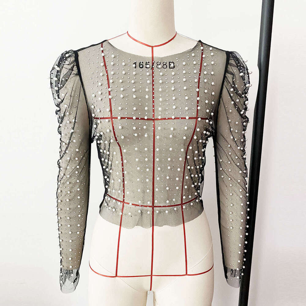 Summer Hot Pot Dia Bead Bubble Sleeve Mesh Top 2025 New Casual Fashion Trendy Clothing